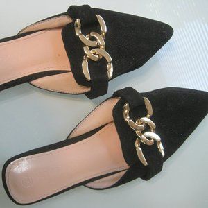 Women's Pointed Black Suede Slipper Shoes with Buckle Design